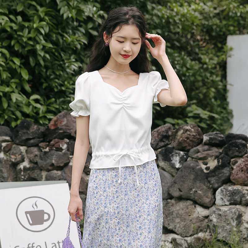 拉窝姐姐褶皱设计喇叭袖长袖雪纺衫女春装款简约气质小清新收腰上衣潮2