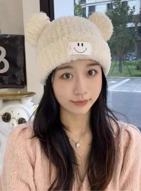 可爱小熊耳朵保暖羊羔绒毛线帽女