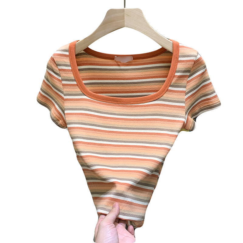 彩虹条纹短袖T恤女2024夏季新款修身半袖圆领短款百搭韩版上衣潮-图3