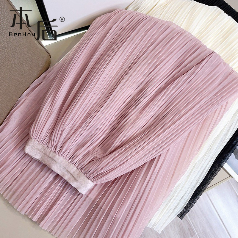 2067艺术细褶细密网纱中长款半身裙 本后半身裙