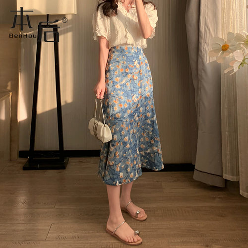 5211 薄款油画风碎花半身裙春夏女中长款新款高腰包臀雪纺鱼尾裙 - 图2