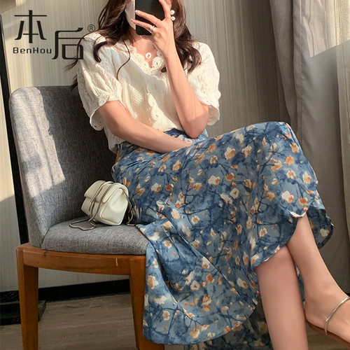 5211 薄款油画风碎花半身裙春夏女中长款新款高腰包臀雪纺鱼尾裙 - 图0