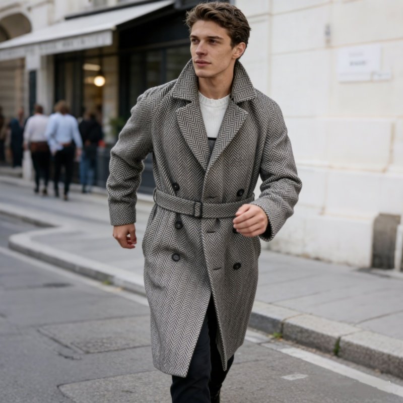 2025秋冬款男装毛呢大衣中长款风衣双排扣格子加厚时尚英伦大衣,淘宝优惠券,粉丝福利购,淘宝优惠卷