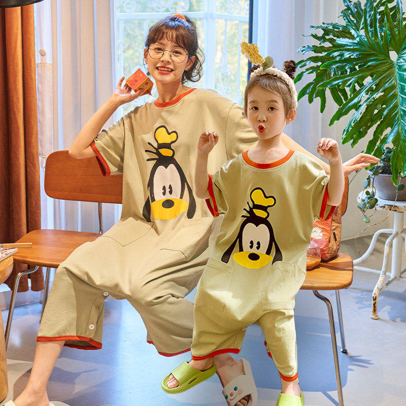 夏季儿童连体护肚短袖纯棉女童裤 纯兰语睡裙