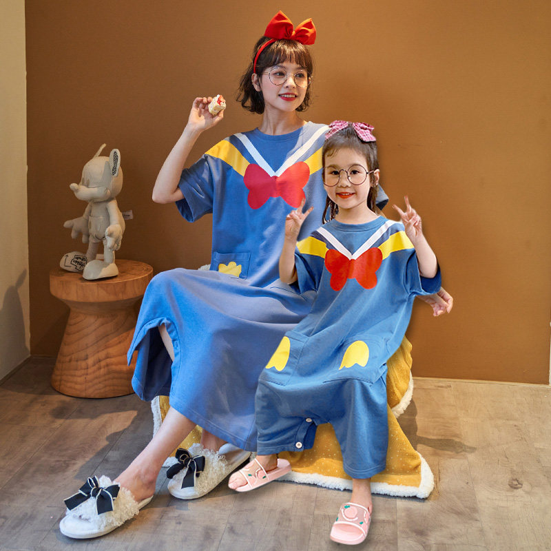 夏季儿童连体护肚短袖纯棉女童裤 纯兰语睡裙