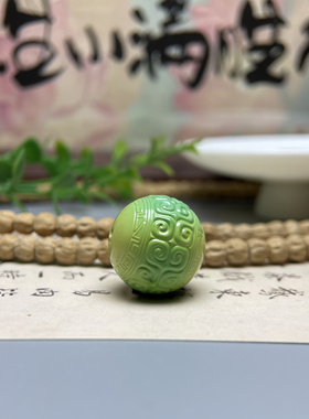 文玩手串配珠配饰- 20mm高瓷绿松雕刻回纹圆珠-文玩手串隔珠顶珠