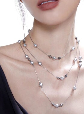感灰珍珠项链长款多种戴法毛衣链气质小众设计轻奢锁骨链颈链