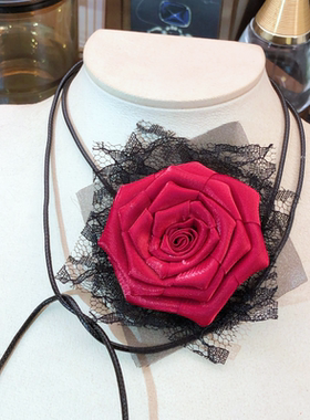 性感玫瑰花蕾丝choker绑绳项链颈链女黑色白色简约百搭短款锁骨链