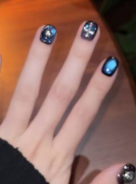 【星蓝克罗】深海蓝调克罗星手工美甲贴片金属十字暗黑风穿戴甲