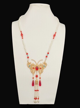 长款古装项链新中式蝴蝶珍珠项链古风璎珞背云流苏汉服马面裙旗袍