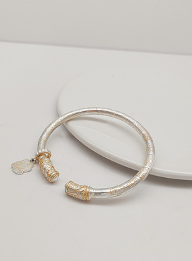 白铜镀银手镯国潮描金圆棍吉言吉象招财猫手镯民族风仿古手镯