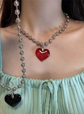 学生甜酷辣妹风红色大爱心项链女锁骨链choker颈链配饰女生项链