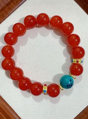 藏式仿玛瑙民族风仿绿松石手串手链精致学生琉璃彩色玻璃珠手链