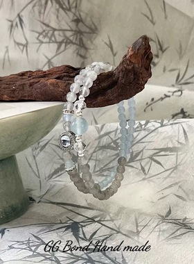 【初霁】白水晶灰月光海蓝宝双圈手链女生舒缓情绪闺蜜学生手串