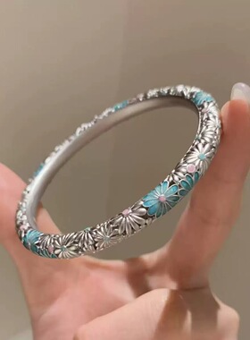 新款雏菊珐琅彩手镯圆棍实心镯子新中式设计百搭女生合金镀银手镯