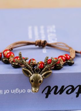 学生陶瓷手链民族风手串景德镇手工编织森系鹿头陶瓷手链女生复古