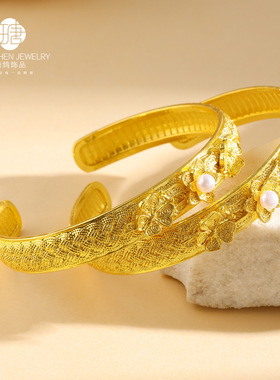 婚庆喜庆金镯子古法莲开福来手镯新中式花丝古典开口手镯女宫廷风