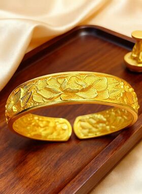 婚庆金镯子沙金饰品錾牡丹花开口手镯翡翠国潮复古牡丹花纹手镯