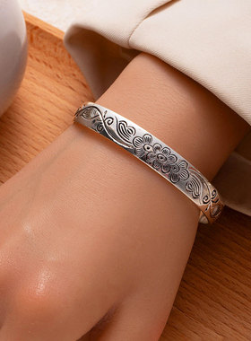 复古民族风古银开口手镯高级感女生手镯手环雕刻花纹老式古风手镯