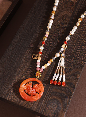 中式古法旗袍璎珞项链项圈长流苏背云长款白色贝珠毛衣链新配饰女