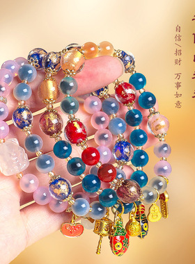 寺庙同款糖心玛瑙吞金兽串珠手链女文艺复古香灰琉璃上上签手串