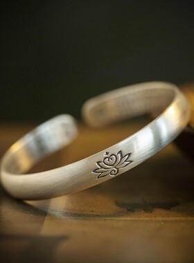 莲花古风合金镀银手镯实心开口镯子刻字藏银手镯心经仿古手镯女