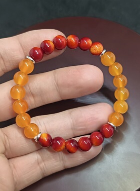 temu新品疗愈水晶爆款繁荣与好运弹性手链8mm橙色石英配红色渐变