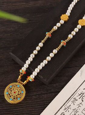 宫廷风汉服旗袍配饰新款长款珍珠古法花丝八宝罗盘多宝项链毛衣链