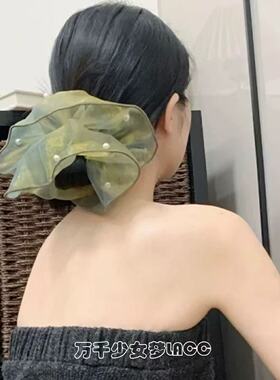 简约唯美绿色珍珠网纱大肠发圈女高级感扎头发超大发饰头绳新款