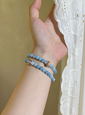 海蓝色天然石串珠手链女生双层叠戴古风手链手饰新中式清新蓝手串