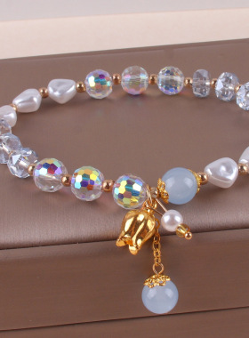 女生琉璃手链水晶仿珍珠手链流苏金色花朵七彩水晶学生手链礼物