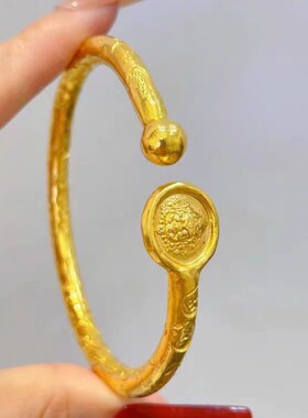 铜镀银婚庆金镯子同款古法沙金吉言手镯实心复古黄财神开口手镯女
