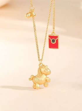 s925纯银卡通小马项链女3D立体可爱马上有钱花锁骨链小红书热销款