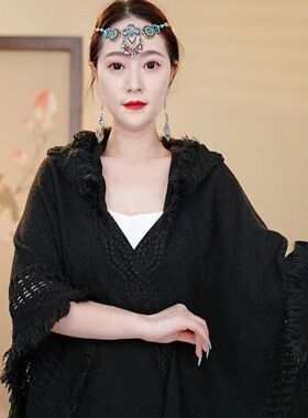 新款旅行戴帽针织披肩女民族风