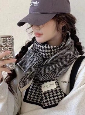 千鸟格子围巾女冬季高级感黑白新款韩系百搭学生情侣针织保暖围脖