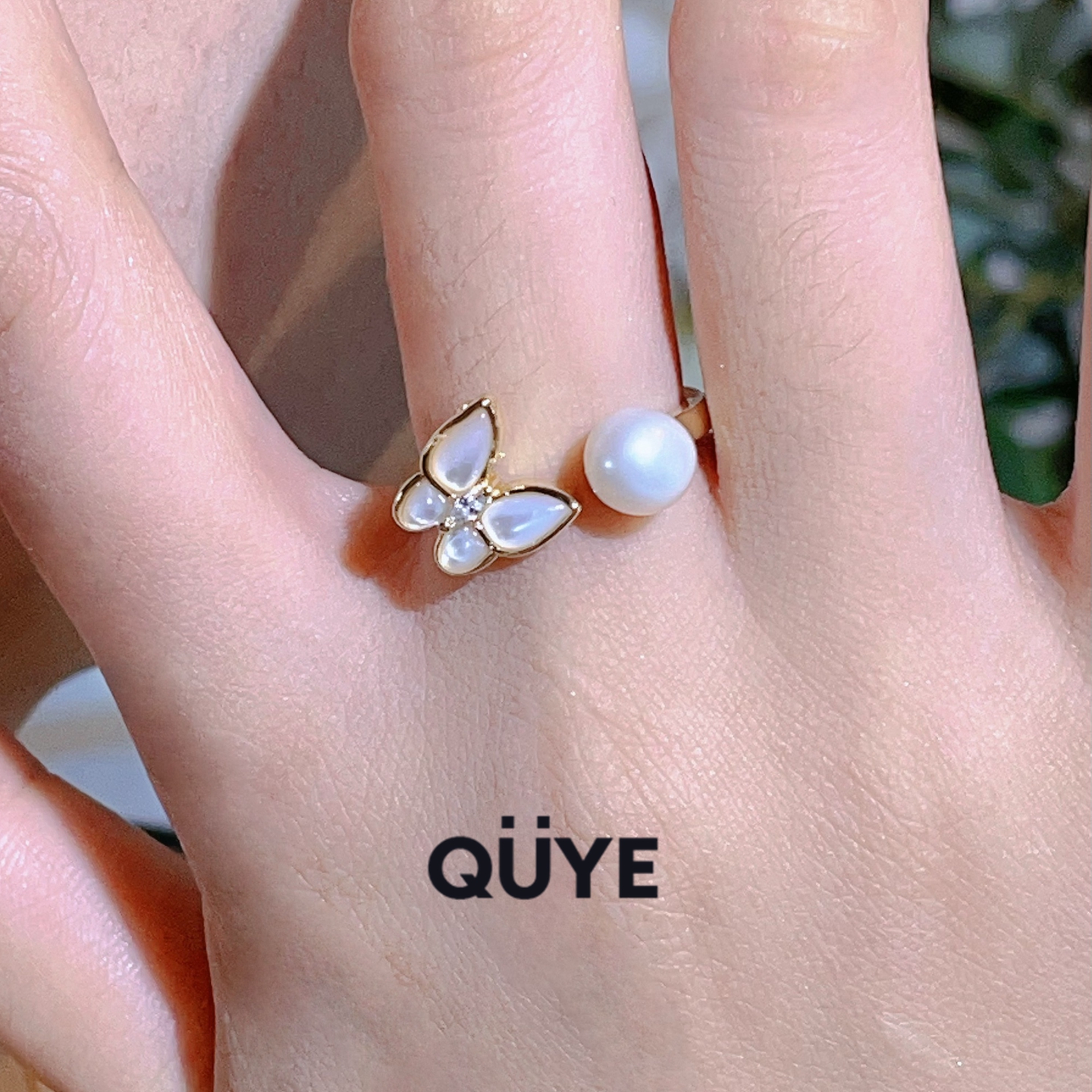 温柔风~绝美猫眼感小众设计贝壳蝴蝶近圆形天然淡水真珍珠戒指环 - 图2