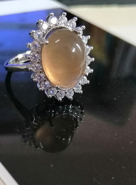 新疆地表石金丝玉宝石光茶色戒指镶钻15*11水头足高冰种