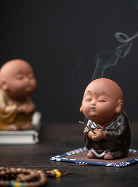 中式创意手工紫砂小沙弥线香插家居客厅茶几书房禅意桌面饰品摆件