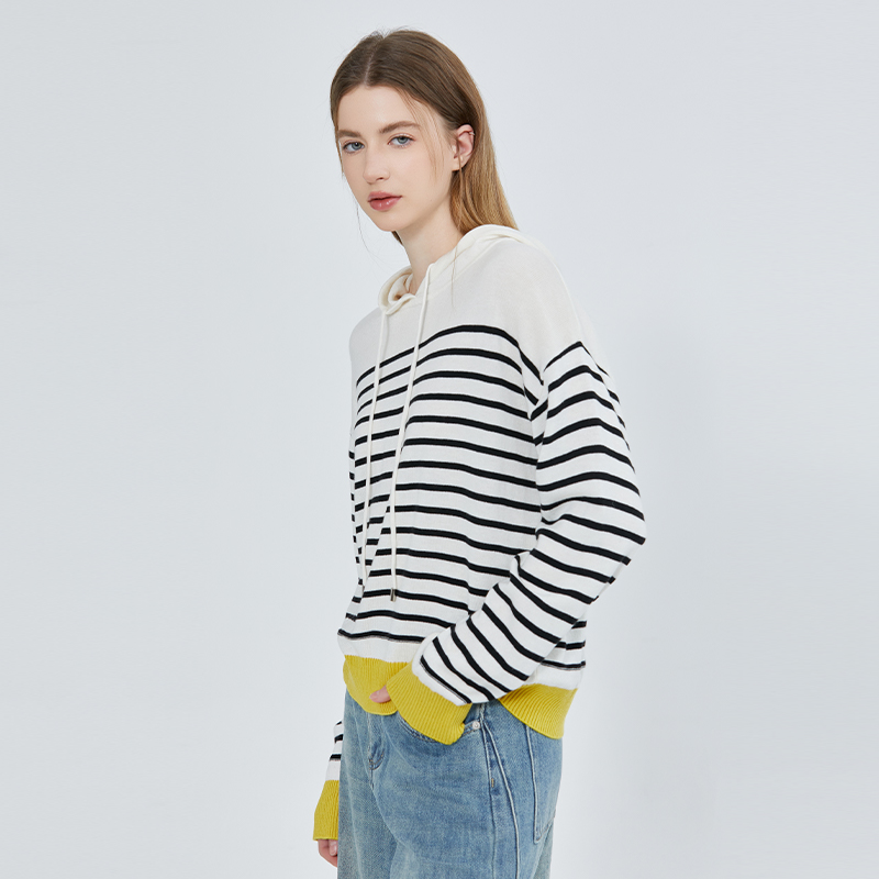 [商场同款]北欧时刻条纹连帽针织衫女春季新款拼色套头毛衣外套 - 图2