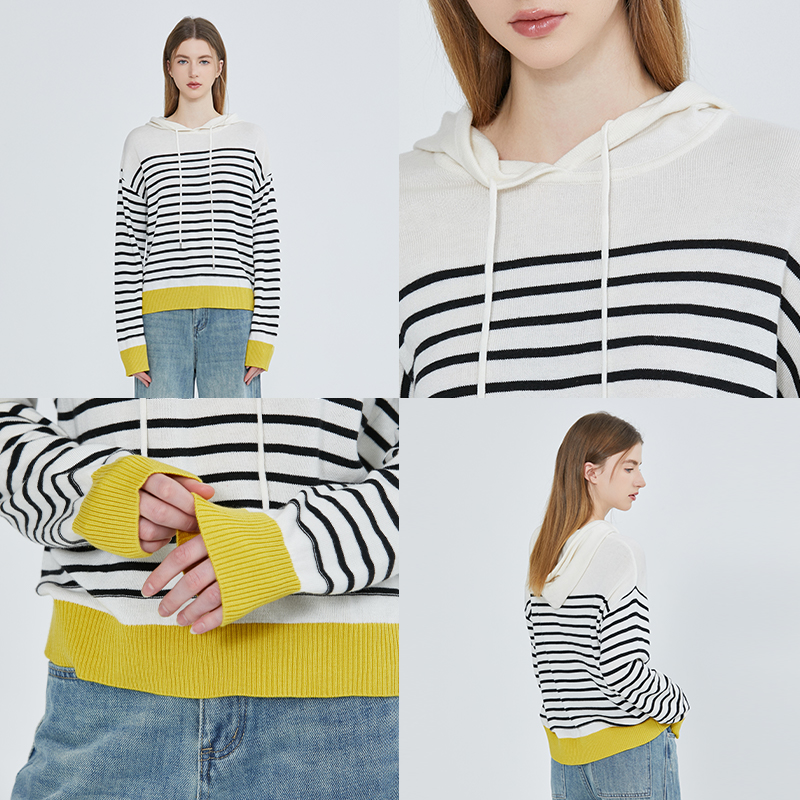 [商场同款]北欧时刻条纹连帽针织衫女春季新款拼色套头毛衣外套 - 图1