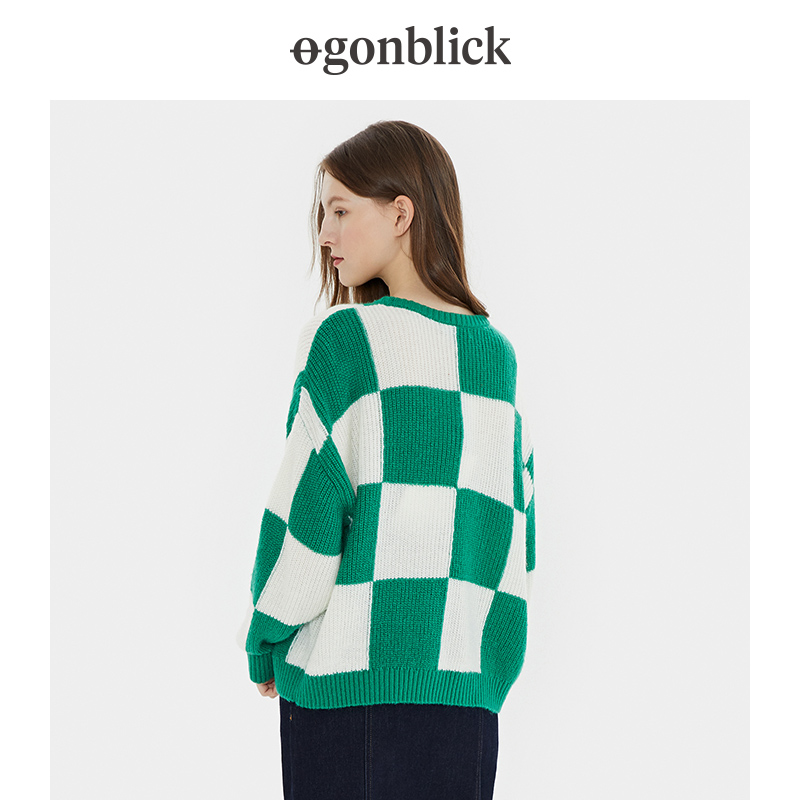 北欧时刻棋盘格女慵懒风显瘦毛衣 gonblick北欧时刻毛衣