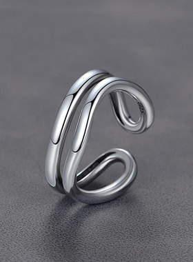 纯银S925复古泰银做旧戒指极简线条交织饶圈戒指女气质开口银指环