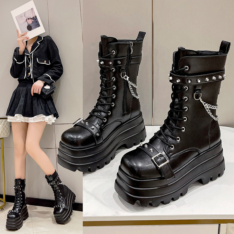 坡跟骑士靴大码朋克风厚底中筒女靴鞋punk women high heel boots - 图0