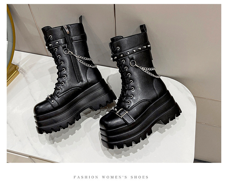 坡跟骑士靴大码朋克风厚底中筒女靴鞋punk women high heel boots - 图2