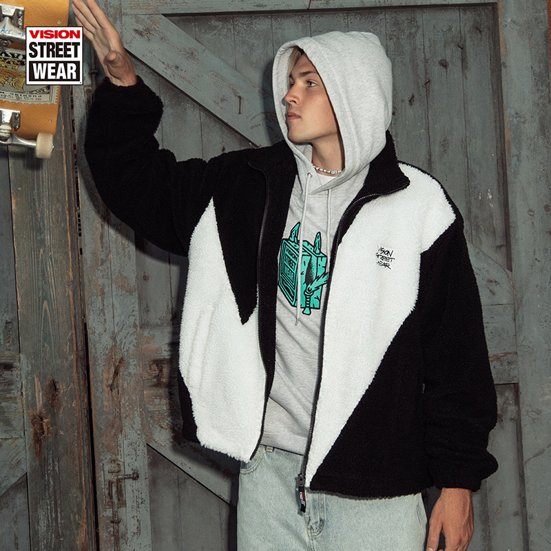 VISION官方  复古街头经典V字撞色拼接仿羊羔绒夹克外套男女,淘宝优惠券,粉丝福利购,淘宝优惠卷
