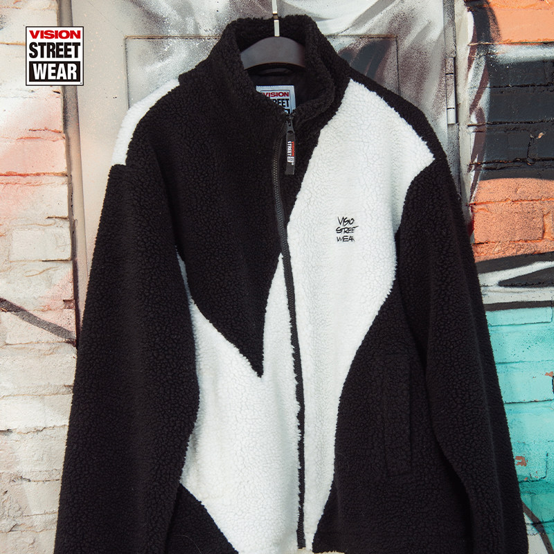 VISION官方  复古街头经典V字撞色拼接仿羊羔绒夹克外套男女,淘宝优惠券,粉丝福利购,淘宝优惠卷