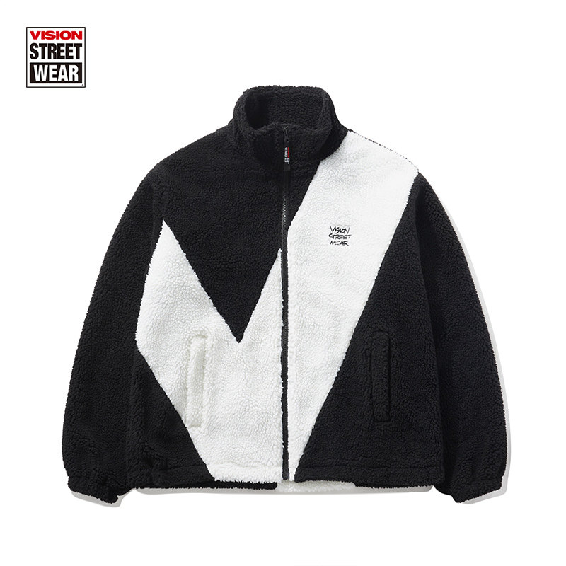 VISION官方  复古街头经典V字撞色拼接仿羊羔绒夹克外套男女,淘宝优惠券,粉丝福利购,淘宝优惠卷