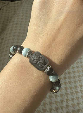 原创鹰眼石+银曜石+茶晶+银耀花牌9mm思考驱鞋护身舒缓手串