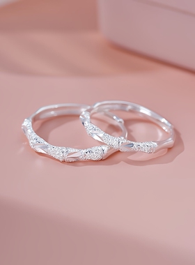 s999足银新中式竹定情侣对戒文艺个性国风礼物指环开口可调节情侣