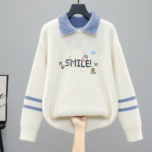 秋冬毛衣女款2025新款初中生高中生学生大童加绒加厚假两件打底衫 - 图3